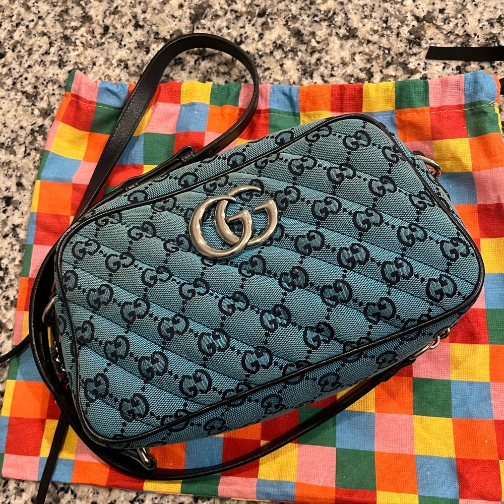 Gucci Teal Blue GG Monogram Shoulder/ Crossbody Bag with Silver Hardware